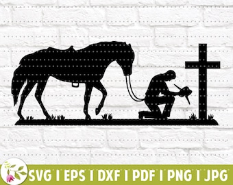 Pode incluir: Uma silhueta preta de um cavalo com um cavaleiro ajoelhado diante de uma cruz. O cavalo está voltado para a esquerda e o cavaleiro para a direita. A imagem é uma silhueta simples sem detalhes.