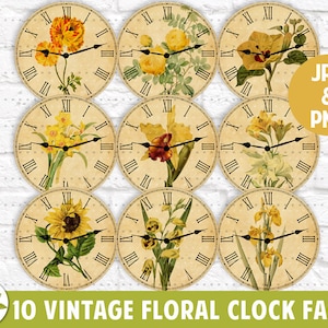 Könnte beinhalten: Eine Sammlung von zehn Vintage-Blumen-Zifferblättern. Jedes Zifferblatt zeigt ein anderes Design mit gelben oder orangen Blumen, schwarzen Zeigern und römischen Ziffern. Der Hintergrund hat eine Pergamentpapierstruktur. Der Text "10 VINTAGE FLORAL CLOCK FACES" steht unten.