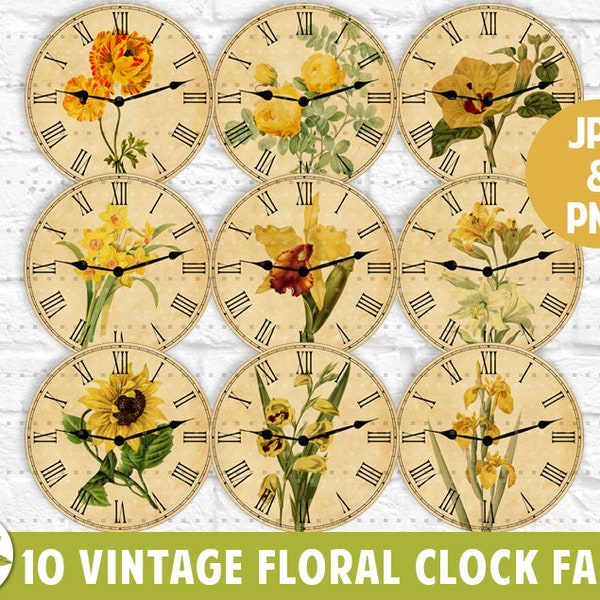 Yellow Floral Vintage Clock Faces | Sunflower PNG | Daffodil PNG | Sublimation Clocks | Roman Numbers | Instant Download