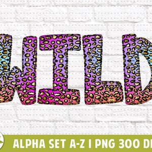 Puede incluir: Un gráfico digital de la palabra "WILD" en estampado de leopardo rosa, azul y amarillo con detalles de purpurina dorada.