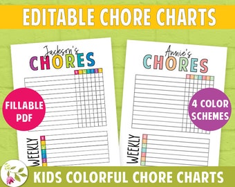May include: Two printable chore charts for kids, one for Jackson and one for Annie. Each chart has a colorful title with the child's name and the word "Chores". The charts have a grid for tracking chores and a section for weekly tasks. The charts are available in four color schemes.