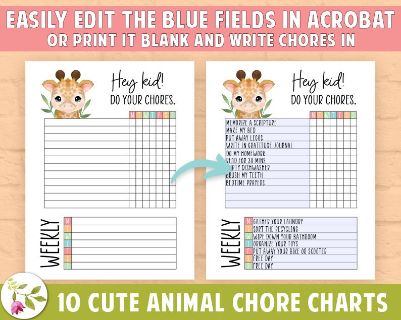 Watercolor Chore Chart Exotic Wildlife PRINTABLE EDITABLE - Etsy
