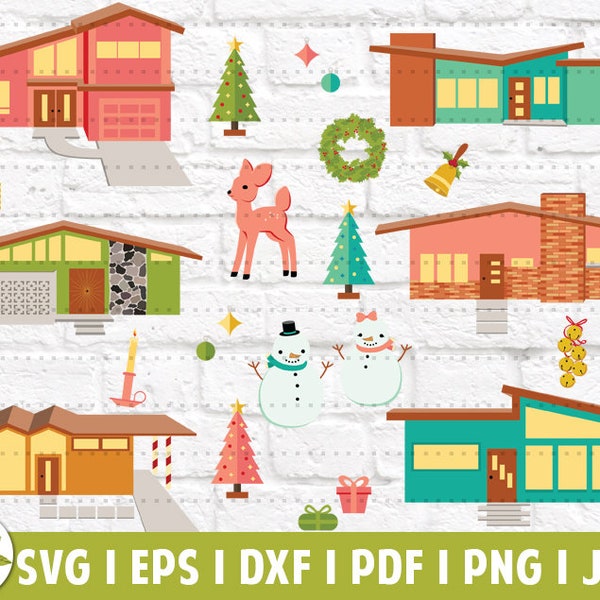 Mid Century Modern Putz Houses SVG Bundle | SVG Cut Files | Instant Download | Printable Vector Clip Art | Retro Christmas | Vintage