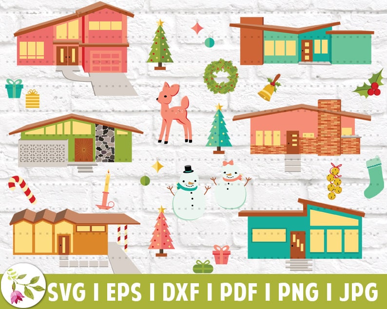 May include: A set of digital cut files featuring mid-century modern style houses, Christmas trees, snowmen, reindeer, and other holiday decorations. The files are available in SVG, EPS, DXF, PDF, PNG, and JPG formats.