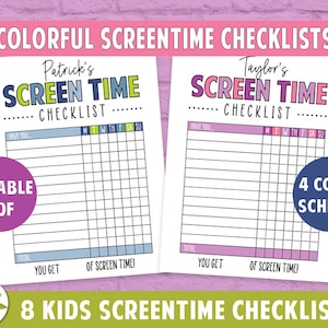 Puede incluir: Listas de control de tiempo de pantalla imprimibles para niños. Las listas de control son coloridas y presentan diferentes esquemas de colores. Las listas de control están diseñadas para ayudar a los niños a controlar su tiempo de pantalla. El texto en las listas de control dice "Patrick's Screen Time Checklist" y "Taylor's Screen Time Checklist".