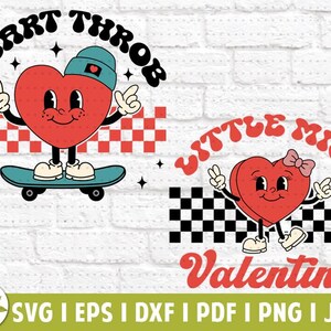 Op de afbeelding: Twee illustraties met een Valentijnsdagthema. De eerste toont een rood hart met een gezicht en armen die een skateboard vasthouden. De tekst "HEART THROB" staat boven het hart. De tweede illustratie toont een rood hart met een gezicht en armen die een skateboard vasthouden. De tekst "LITTLE MISS VALENTINE" staat boven het hart.