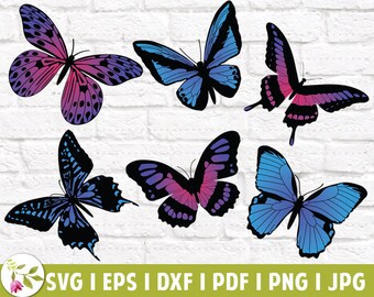 Puede incluir: Seis ilustraciones de mariposas coloridas en varios tonos de azul, rosa y morado. Las mariposas están en diferentes posiciones, algunas mirando hacia adelante y otras de lado. Las ilustraciones están sobre un fondo de ladrillo blanco.