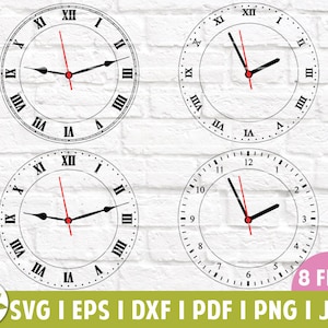 Puede incluir: Cuatro diseños diferentes de esferas de reloj con marcas de números romanos. Las esferas de reloj son blancas con marcas y manecillas negras. Las manecillas son negras con una manecilla de segundos roja. Las esferas de reloj están sobre un fondo de ladrillo blanco.