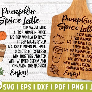May include: A printable recipe card for a pumpkin spice latte. The recipe includes ingredients like warm milk, pumpkin puree, vanilla extract, maple syrup, pumpkin pie spice, and espresso. The card has a rustic wooden background and a handwritten font.