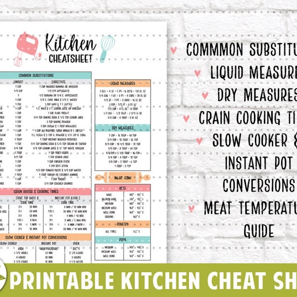 Printable Kitchen Cheatsheet, Kitchen Substitution Chart, Kitchen Conversion Chart, Slow Cooker Conversions, Meat Temperature Guide, Cooking