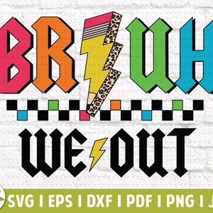 May include: A colorful graphic design with the text "BRUH WE OUT" in a bold, blocky font. The design features a yellow lightning bolt with a leopard print pattern and a checkered pattern.