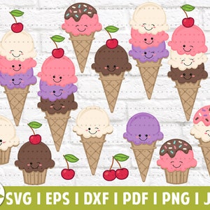 May include: A set of 10 digital clipart images of cute ice cream cones with smiling faces. The ice cream cones are in various colors and flavors, including chocolate, vanilla, strawberry, and mint chocolate chip. The cones are decorated with sprinkles and cherries.