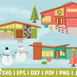May include: A digital illustration of three mid-century modern houses decorated for Christmas. The houses are in a variety of colors, including red, green, and blue. Each house has a Christmas tree, presents, and candy canes. The illustration is perfect for use in holiday crafts and projects.