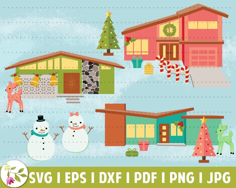 May include: A digital illustration of three mid-century modern houses decorated for Christmas. The houses are in a variety of colors, including red, green, and blue. Each house has a Christmas tree, presents, and candy canes. The illustration is perfect for use in holiday crafts and projects.