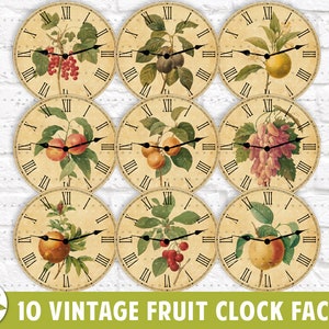 Op de afbeelding: Tien vintage wijzerplaten met verschillende fruit- en bloemmotieven. Elke wijzerplaat heeft Romeinse cijfers en een klassiek ontwerp.