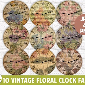 May include: Ten vintage floral clock faces with Roman numeral markings. The clock faces are in various shades of pink, blue, and yellow with a white background. The clock faces are decorated with floral patterns and have a distressed look.