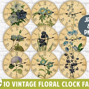 May include: Ten vintage floral clock faces with Roman numeral markings. Each clock face features a different floral design with blue, white, and green flowers on a beige background.