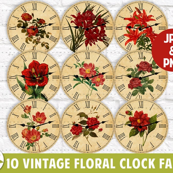 Red Floral Vintage Clock Faces | Roses PNG | Hibiscus PNG | Sublimation Clocks | Roman Numbers | Instant Download