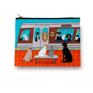 May include: A colourful illustration of a Washington DC Metro train with various dogs and cats waiting on the platform. The train says "WASHINGTON DC" and has an "M" for Metro. The animals are all wearing collars and leads. The platform is red and white tiled.