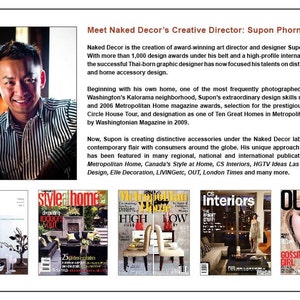May include: Photograph of Supon Phornirunlit, Creative Director of Naked Decor, with magazine covers displaying his work. The text details his design awards and international clients. The image includes magazine covers from Metropolitan Home and CS Interiors.