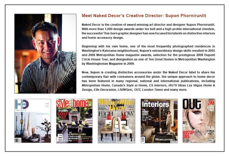 May include: Photograph of Supon Phornirunlit, Creative Director of Naked Decor, with magazine covers displaying his work. The text details his design awards and international clients. The image includes magazine covers from Metropolitan Home and CS Interiors.