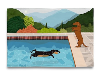 Museum Collection - Portrait of a Dachshund ( Pool with Two Doxies ) Tea Towel