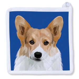May include: A white pot holder with a blue background featuring a close-up of a brown and white corgi dog's face.