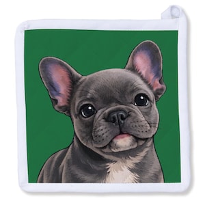 May include: Square pot holder featuring a close-up illustration of a gray French Bulldog puppy with large, dark eyes and pink-lined ears. The dog is set against a green background, framed by a white border.