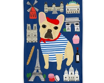 Bonjour Frenchie French Bulldog Paris Tea Towel/ Dish Towel