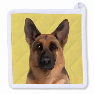 May include: A square, quilted pot holder featuring a detailed portrait of a German Shepherd dog. The dog has brown and black fur, with alert brown eyes and a black nose. The background is yellow with a diamond pattern, and the edges are white.