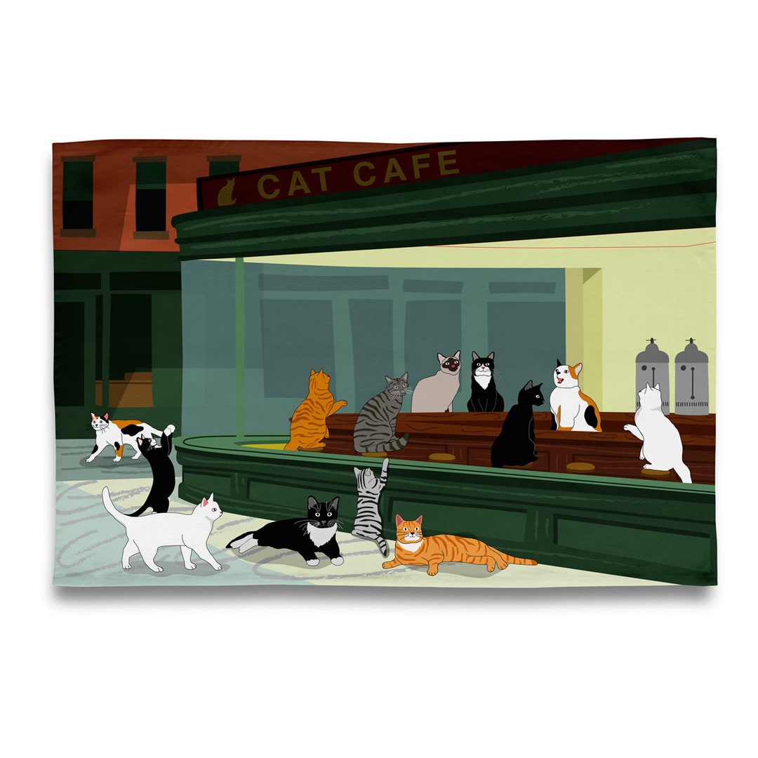 Museum Collection - Night Kitties : Cat Cafe Tea Towel/ Dish Towel