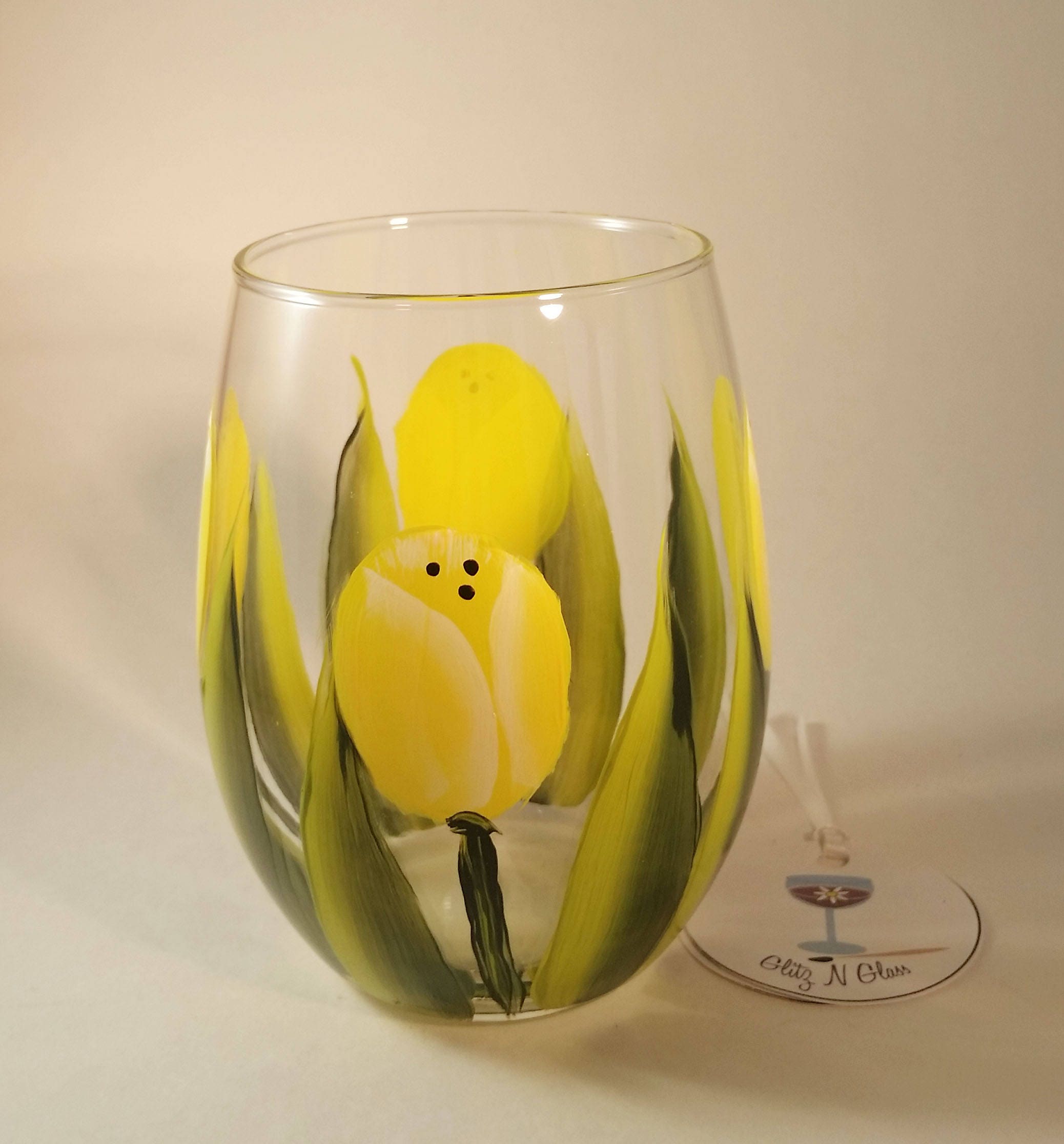 Hand Painted Yellow Tulip Stemless Wine Glass Etsy