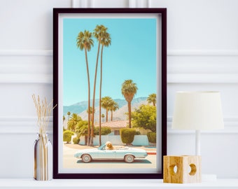 Funny Dog Driving Car Art Print | Golden Retriever Printable | Vintage Dog Poster | Summer Wall Art | Dog Mom Gift | Digital Download