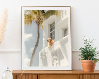 Impression de photographie d'art chic chiot Golden Retriever tropical, cadeau pour amoureux des chiens, art mural à imprimer, décoration de chien moderne, TÉLÉCHARGEMENT