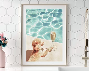 Caniche y champán, impresión de alcohol, decoración de pared de cocina, fotografía digital moderna, descarga de impresión de caniche toy, decoración de guardería, arte de pared estético