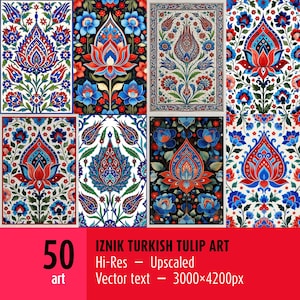 Iznik paintings Digital download art bundle of 50 prints — Turkish ceramic art posters, Ottoman floral wall decor collection
