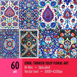 Iznik art paintings, Digital download bundle of 60 prints — Turkish floral wall art set, Ottoman tile pattern posters, vintage ceramic decor