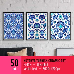 May include: Three framed art prints featuring blue and white floral patterns. The prints are in black frames and hang on a white brick wall. The bottom of the image has a pink banner with the text "KÜTAHYA TURKISH CERAMIC ART".