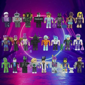 May include: A collection of colorful Roblox character figurines, each with unique outfits and accessories. The figures are arranged against a vibrant purple and pink background, showcasing a variety of designs and styles.