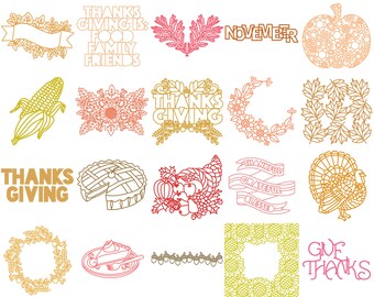 20 Thanksgiving Digital Cut Files (zip folder with SVG, PNG, .studio3, dxf, and PDF files)