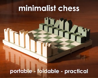 Minimalist Chess Set, Modern Portable Chess Board, Travel Size Foldable Chess, Unique Geometric Chess Pieces, Architectural Desktop Decor