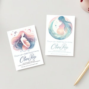 Zaproszenia na Baby Shower dla kobiety w ciąży Galaxy – zestaw 3 wzorów – szablony Canva do edycji