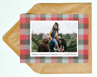 Christmas/Holiday Card - Christmas Green and Plaid Photo Card - Instant Digital Download - Editable Template