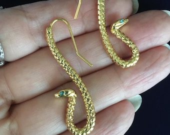Mystical Golden Green Eyed Snake Pierced Drop Earrings