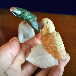 Hand Carved Gemstone Parrots on Quartz Crystals