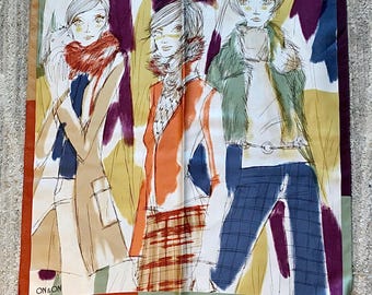 Pure Silk Scarf with Fashionable Women Illustration: Plum, Ochre, Sage Green Palette