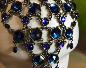 Sapphire Blue Faceted Crystal and Violet Cabochon Necklace