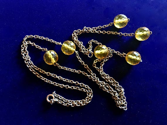Vintage Art Deco Long Chain Necklace with Amber Crystal Beads