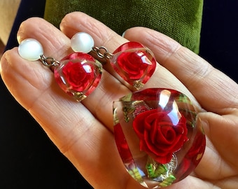 Vintage Lucite Ruby Red Rose Jewelry Set: Reverse Carved Brooch and Dangle Earrings
