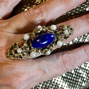 Vintage 60s Filigree Cocktail Ring: Lapis Czech Glass & Faux Pearls, Adjustable